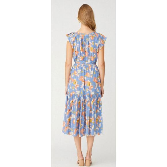 SHOSHANNA periwinkle blue yellow floral Peony smocked midi spring dress - Picture 4 of 13